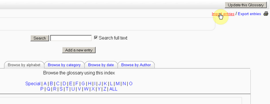 import glossary entries