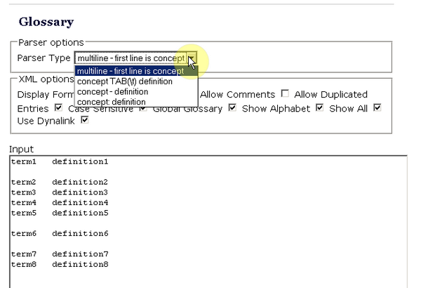 glossary parser options